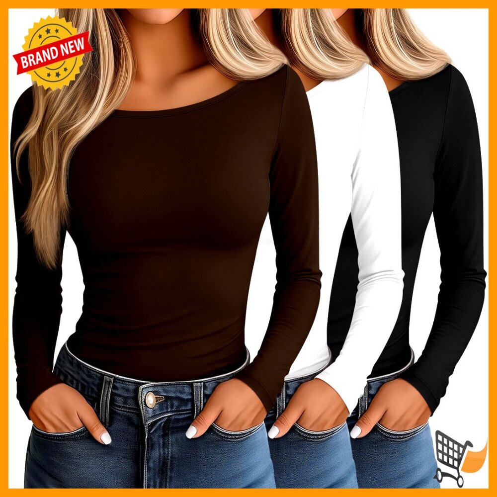 3 Pack Slim Fitted Long Sleeve Boat Neck Tees, Y2k Style Basic Tops